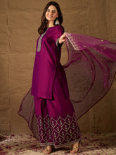 Wine Embroidered Kurta Set with Palazzo and Organza Dupatta