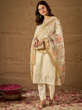 Off White Floral Print Dupatta Kurta Set with Straight Pants