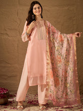 Peach Embroidered Kurta Set with Floral Organza Dupatta