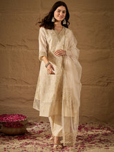 Off-White Embroidered Jacquard Cotton Silk Kurta Set with Dupatta