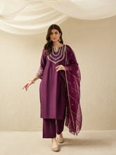 Elegant Wine Embroidered Kurta Set with Dupatta