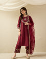Festive Maroon Embroidered Straight Kurta Set