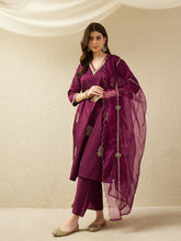 Elegant Wine Embroidered Kurta Set with Sheer Dupatta