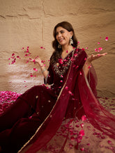 Maroon Velvet Kurta, Pant and Dupatta Set