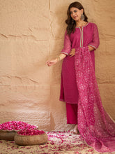 Dark Pink Bandhani Printed Kurta, Pant and Dupatta Set