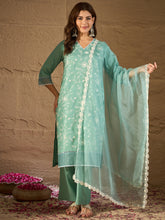 Mint Green Embroidered Kurta Set with Organza Dupatta – Elegant Ethnic Wear for Women
