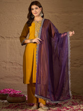 Mustard Yellow Embroidered Kurta Set with Purple Organza Dupatta – Festive Ethnic Wear for Women