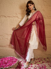 Off-White Embroidered Kurta Set with Red Organza Dupatta – Elegant Festive & Ethnic Wear for Women