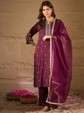Wine Embroidered Kurta Set with Organza Dupatta for Women | Festive & Wedding Ethnic Wear