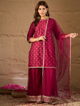 Rani Pink Embroidered Kurta Palazzo Set with Organza Dupatta | Festive Ethnic Wear for Women