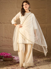 Elegant Off-White Embroidered Kurta Palazzo Set with Organza Dupatta | Festive & Wedding Ethnic Wear for Women