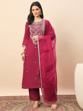 Rani Pink Embroidered Kurta Set with Organza Dupatta | Festive Ethnic Wear for Women