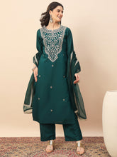 Rama Green Embroidered Kurta Set with Organza Dupatta | Elegant Festive Wear for Women