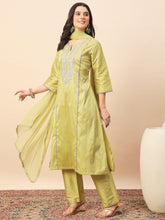 Olive Green Silk Blend Kurta Set with Intricate Embroidery & Straight Pants