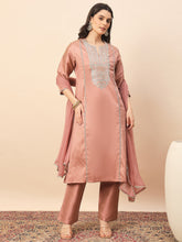Peach Silk Blend Embroidered Kurta Set with Dupatta & Straight Pants