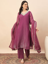 Magenta Shimmer V-Neck Kurta Pant Set with Dupatta for Women