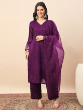 Women's Purple Embroidered Kurta Pant Set with Organza Dupatta | Festive & Party Wear Ethnic Suit