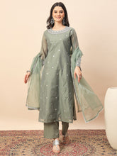 Elegant Olive Green Silk Blend Kurta Set with Embroidered Neckline & Palazzo Pants