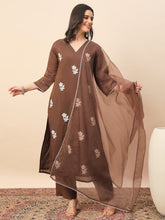 Women's Brown Floral Embroidered Kurta Pant Set with Organza Dupatta | Elegant Festive & Party Wear Ethnic Suit