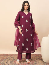 Women's Wine Floral Embroidered Kurta Pant Set with Organza Dupatta | Festive & Party Wear Ethnic Suit
