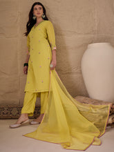 Yellow Embroidered Kurta Pant Set with Organza Dupatta for Women