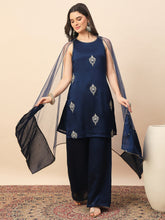 Navy Blue Embroidered Kurta Palazzo Set with Organza Dupatta for Women