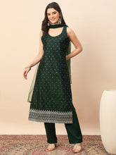 Emerald Green Embroidered Straight Kurta Pant Set with Organza Dupatta for Women