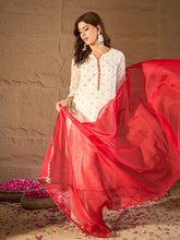 Elegant Off-White & Coral Ombre Embroidered Kurta Set with Dupatta for Women