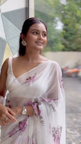 White Soft Organza Floral Printed Handwork Saree