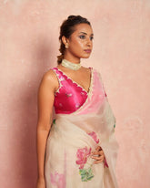White Soft Organza Pink and green Floral Printed Handwork Saree