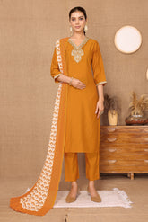 Silk Blend Embroidered V-Neck Kurta, Pant, and Printed Dupatta Set