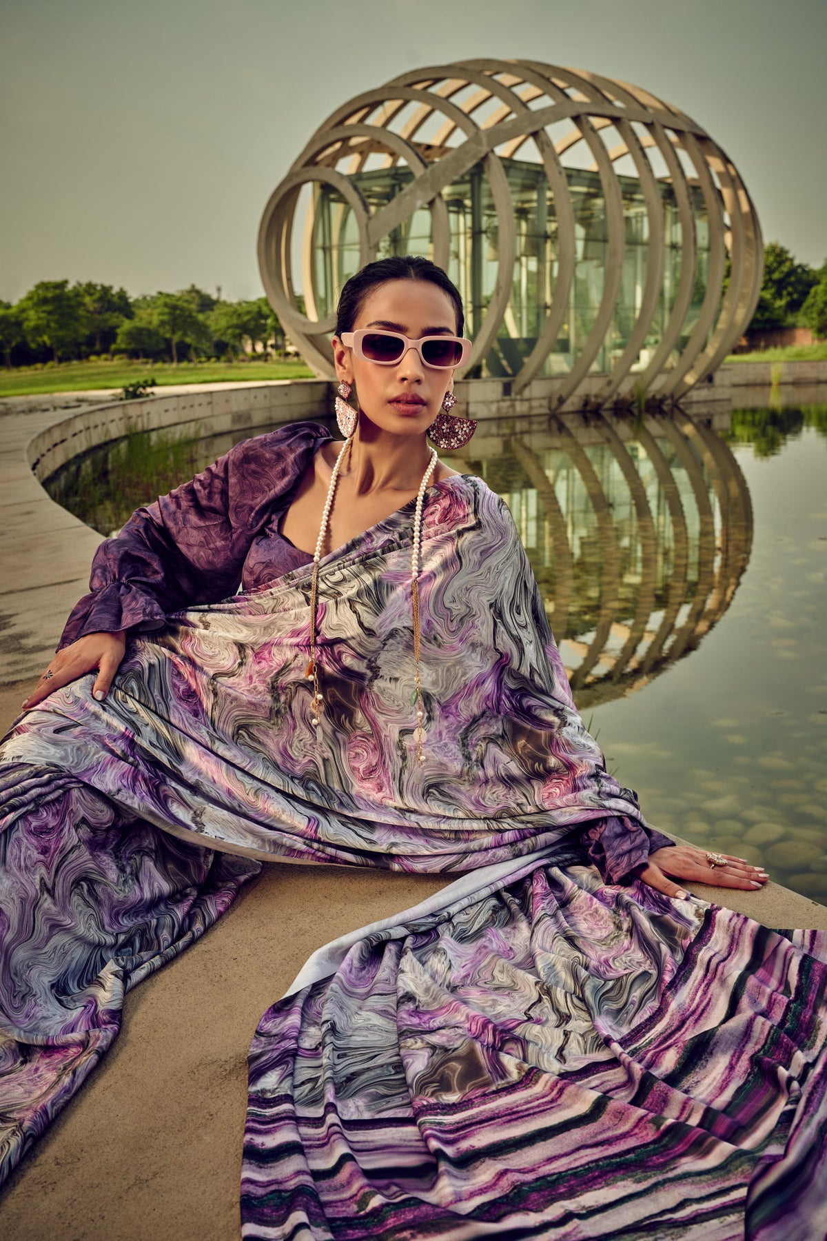 Digital Printed Satin Saree with Unstiched Blouse