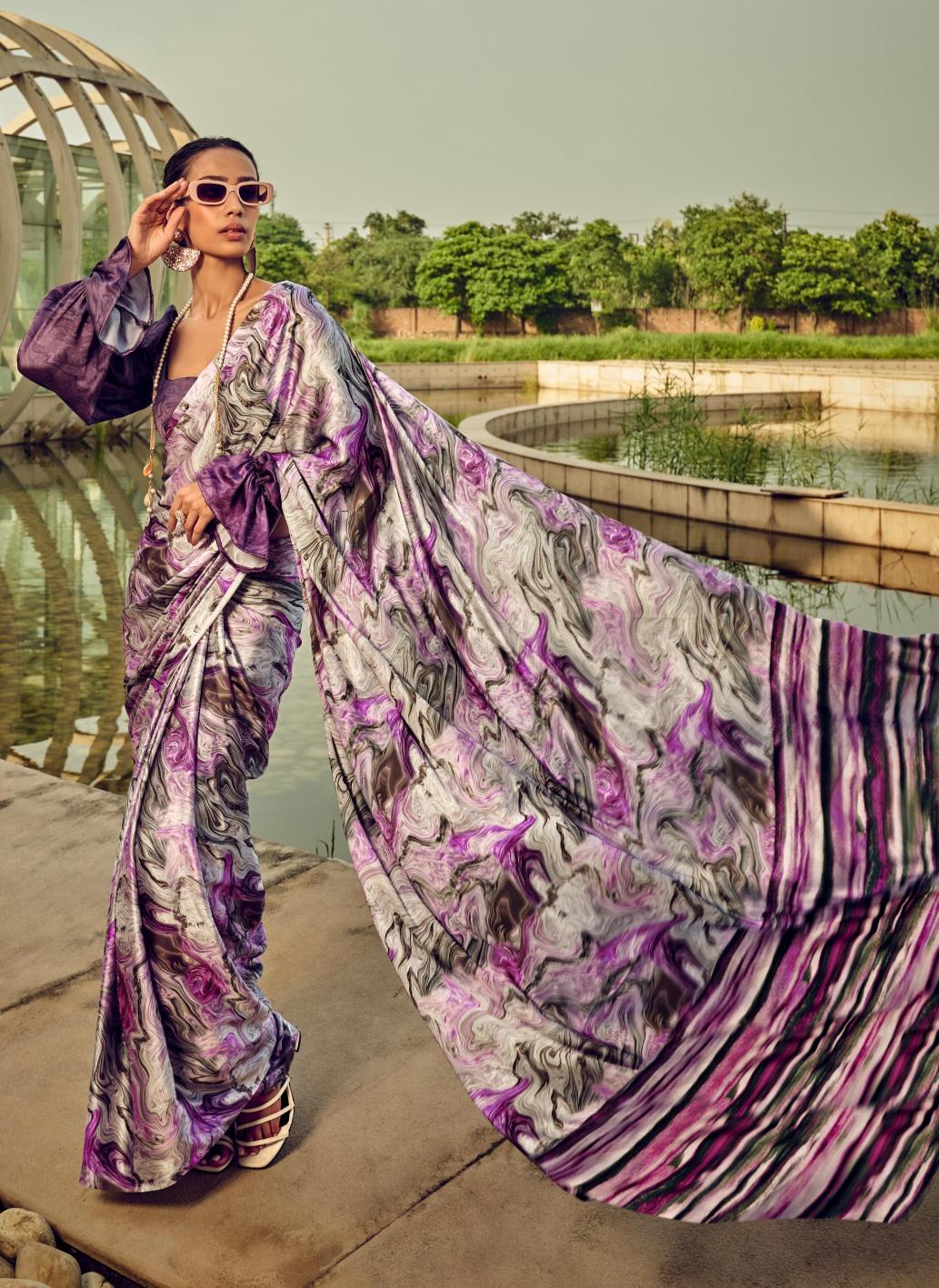 Digital Printed Satin Saree with Unstiched Blouse