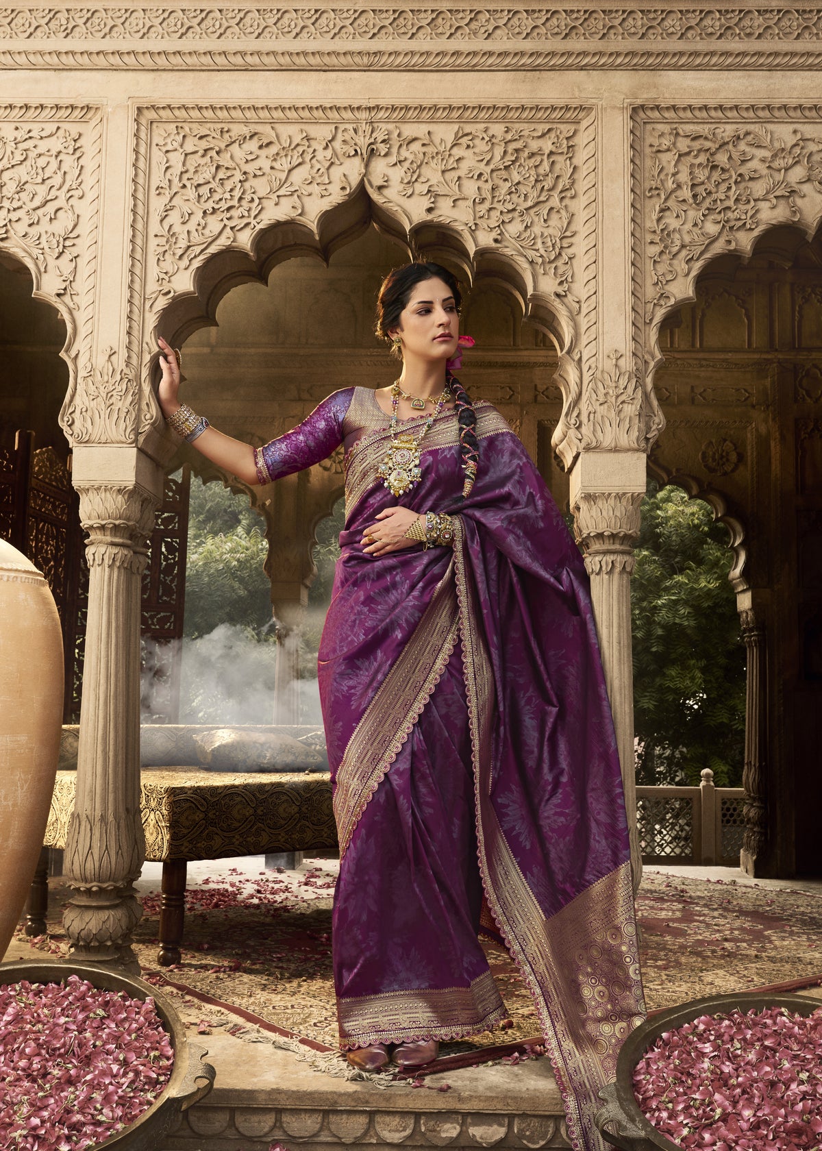Plum Jacquard Banarasi Silk Saree with Unstitch Blouse