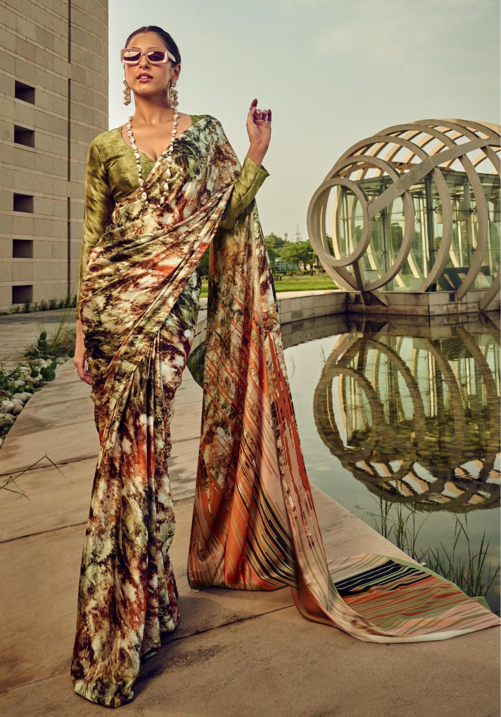 Digital Printed Satin Saree with Unstiched Blouse.