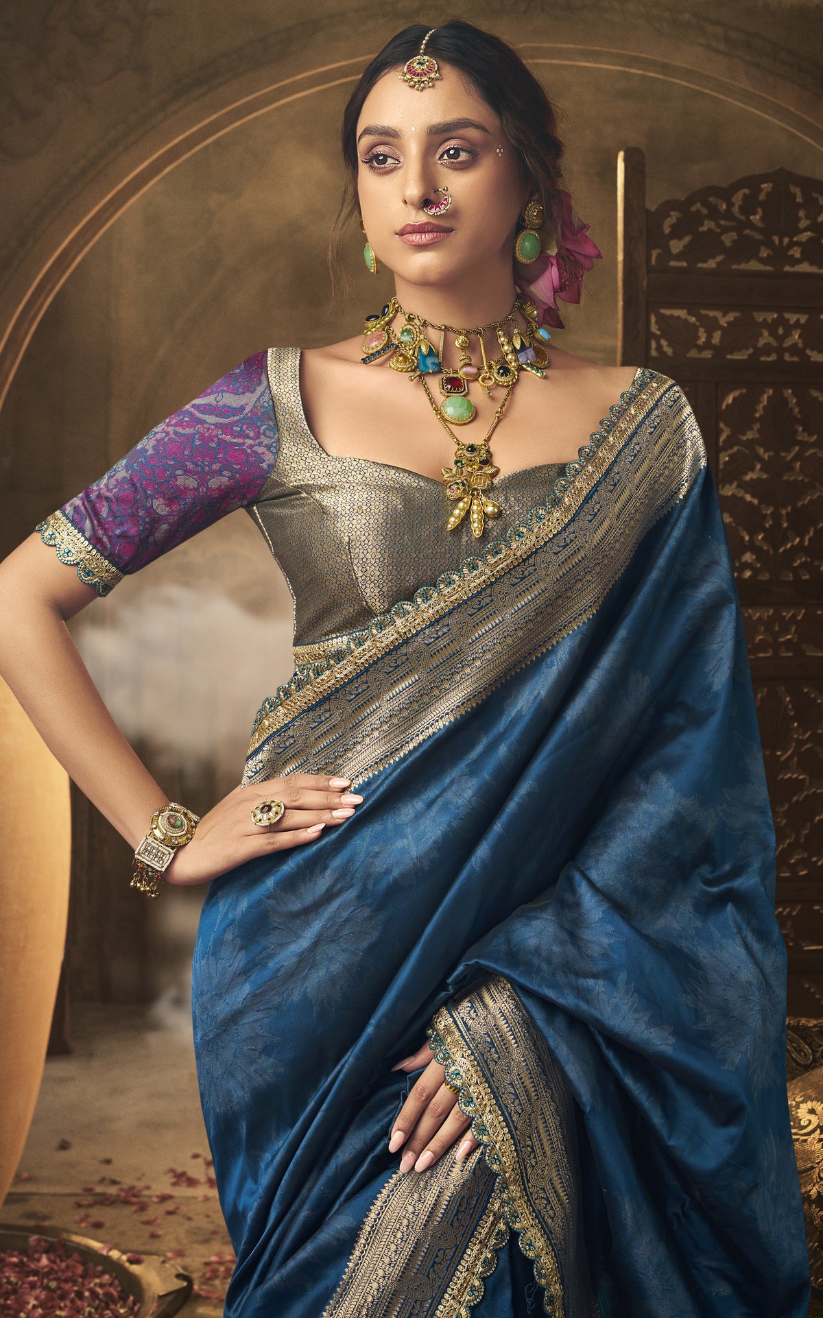 Royal Blue Jacquard Banarasi Silk Saree with Unstitch Blouse