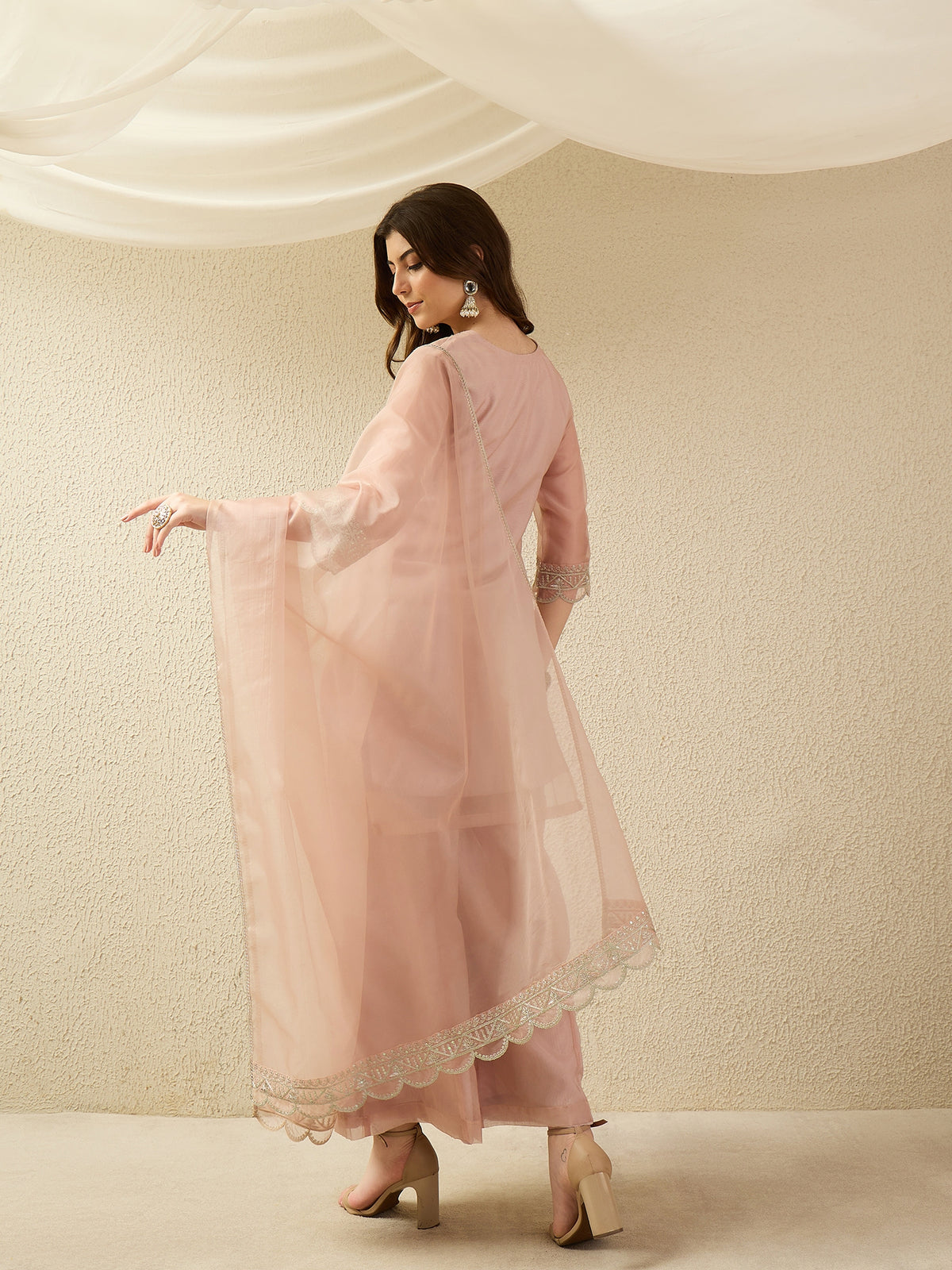 Elegant Organza Embroidered Kurta Set with Palazzo & Dupatta
