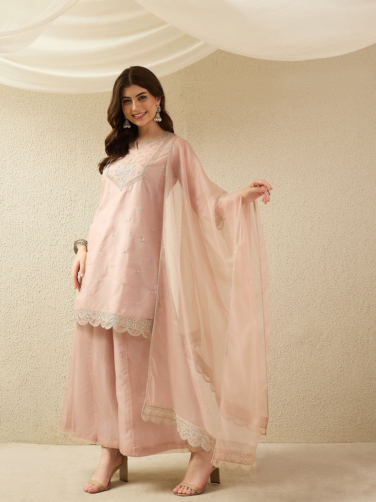Elegant Organza Embroidered Kurta Set with Palazzo & Dupatta