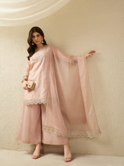 Elegant Organza Embroidered Kurta Set with Palazzo & Dupatta