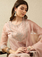 Elegant Organza Embroidered Kurta Set with Palazzo & Dupatta