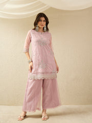 Lilac Pink Embroidered Kurta with Palazzo and Dupatta