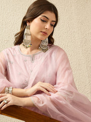 Lilac Pink Embroidered Kurta with Palazzo and Dupatta