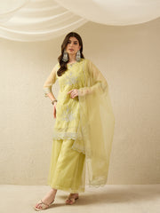 Lemon Yellow Embroidered Kurta with Palazzo and Dupatta