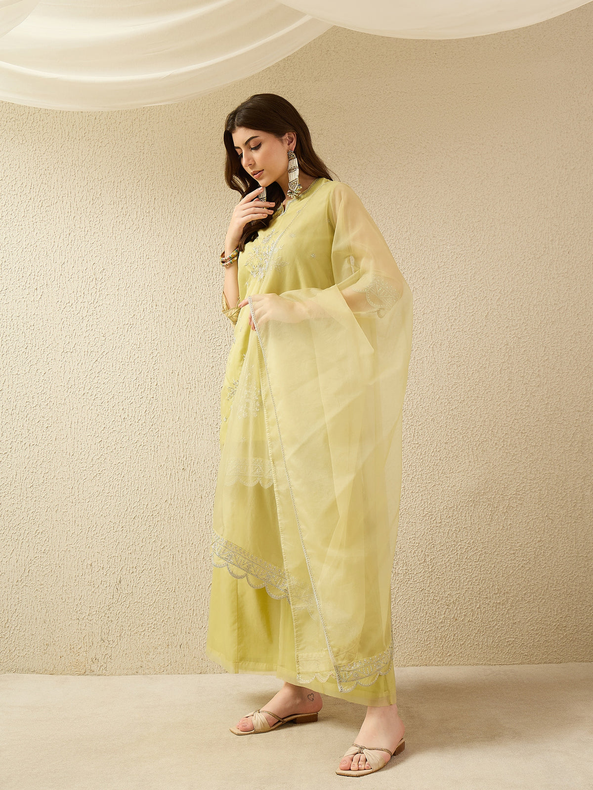 Lemon Yellow Embroidered Kurta with Palazzo and Dupatta
