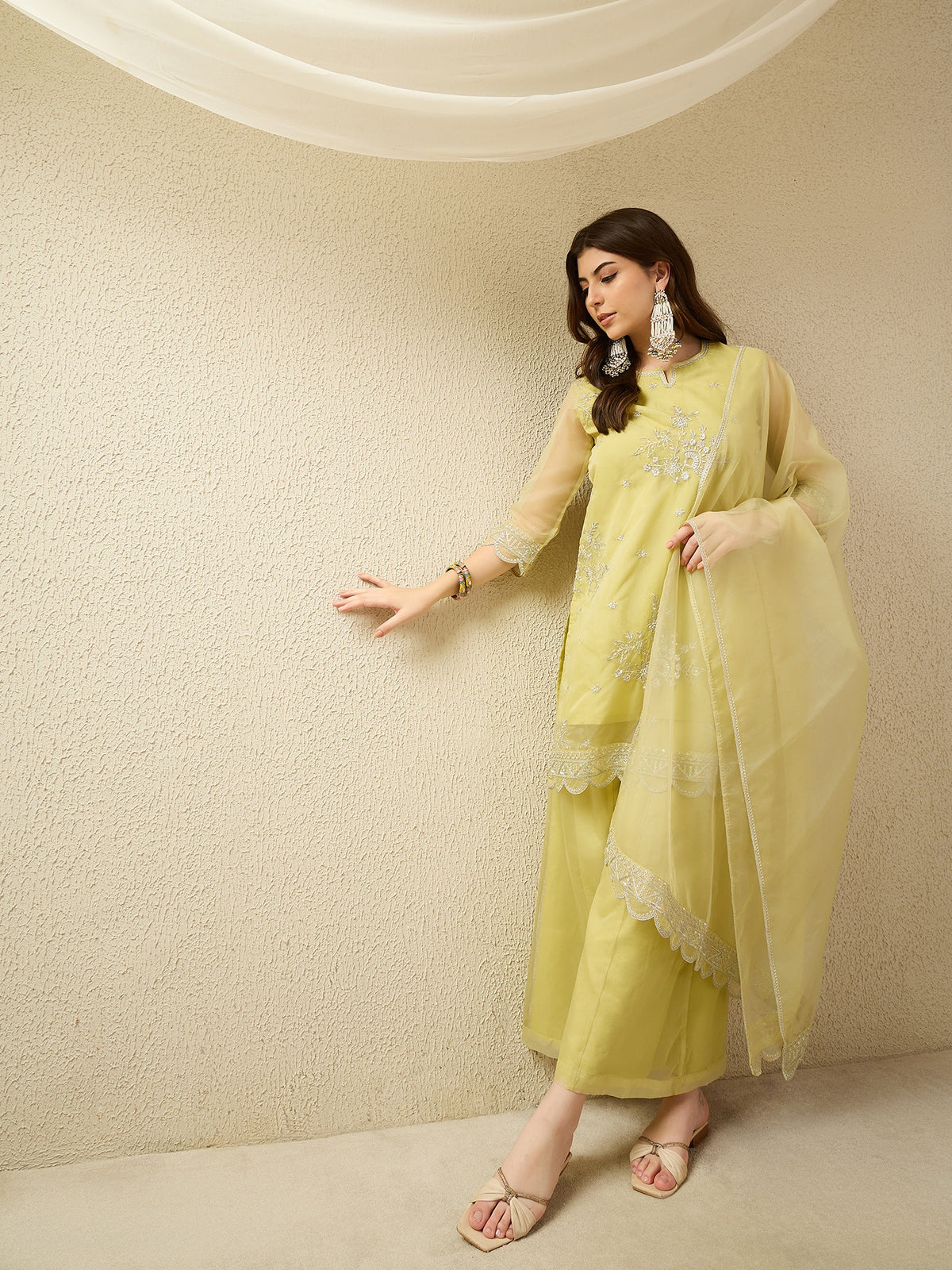 Lemon Yellow Embroidered Kurta with Palazzo and Dupatta