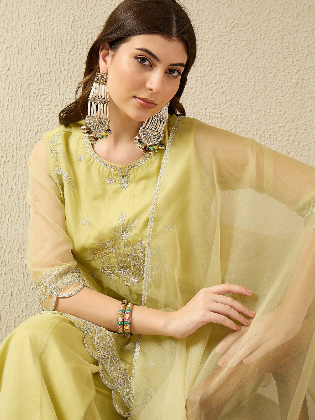 Lemon Yellow Embroidered Kurta with Palazzo and Dupatta