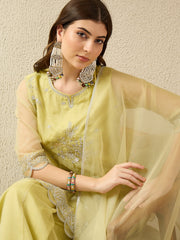 Lemon Yellow Embroidered Kurta with Palazzo and Dupatta