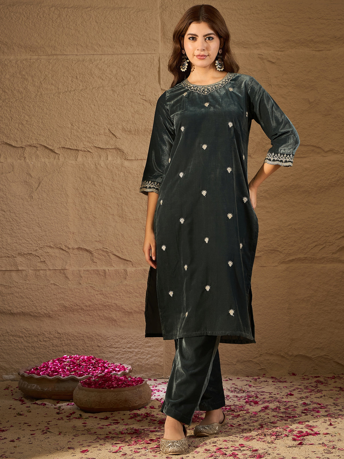 Teal Green Velvet Embroidered Kurta, Pant and Dupatta Set