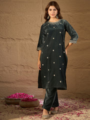 Teal Green Velvet Embroidered Kurta, Pant and Dupatta Set