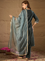 Teal Green Velvet Embroidered Kurta, Pant and Dupatta Set